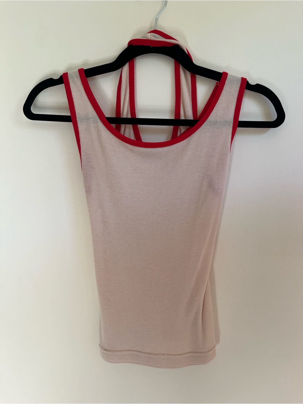 Ribbed Cream Double Neck Tank with Red Trim